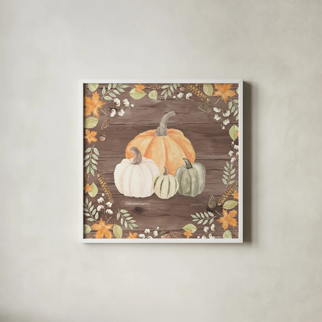 Autumn Offering II Dark by Jenaya Jackson. Shown in a crisp white glass frame for a clean and minimalist style. Available as an archival giclee rolled canvas, fine art paper, or poster print. SKU 38716a.
