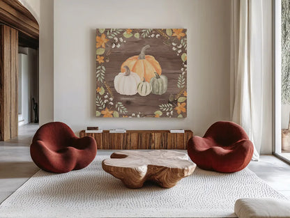 Autumn Offering II Dark by Jenaya Jackson. Shown as extra-large giant wall art in a modern living room. Available as an archival giclee rolled canvas, fine art paper, or poster print. SKU 38716a.