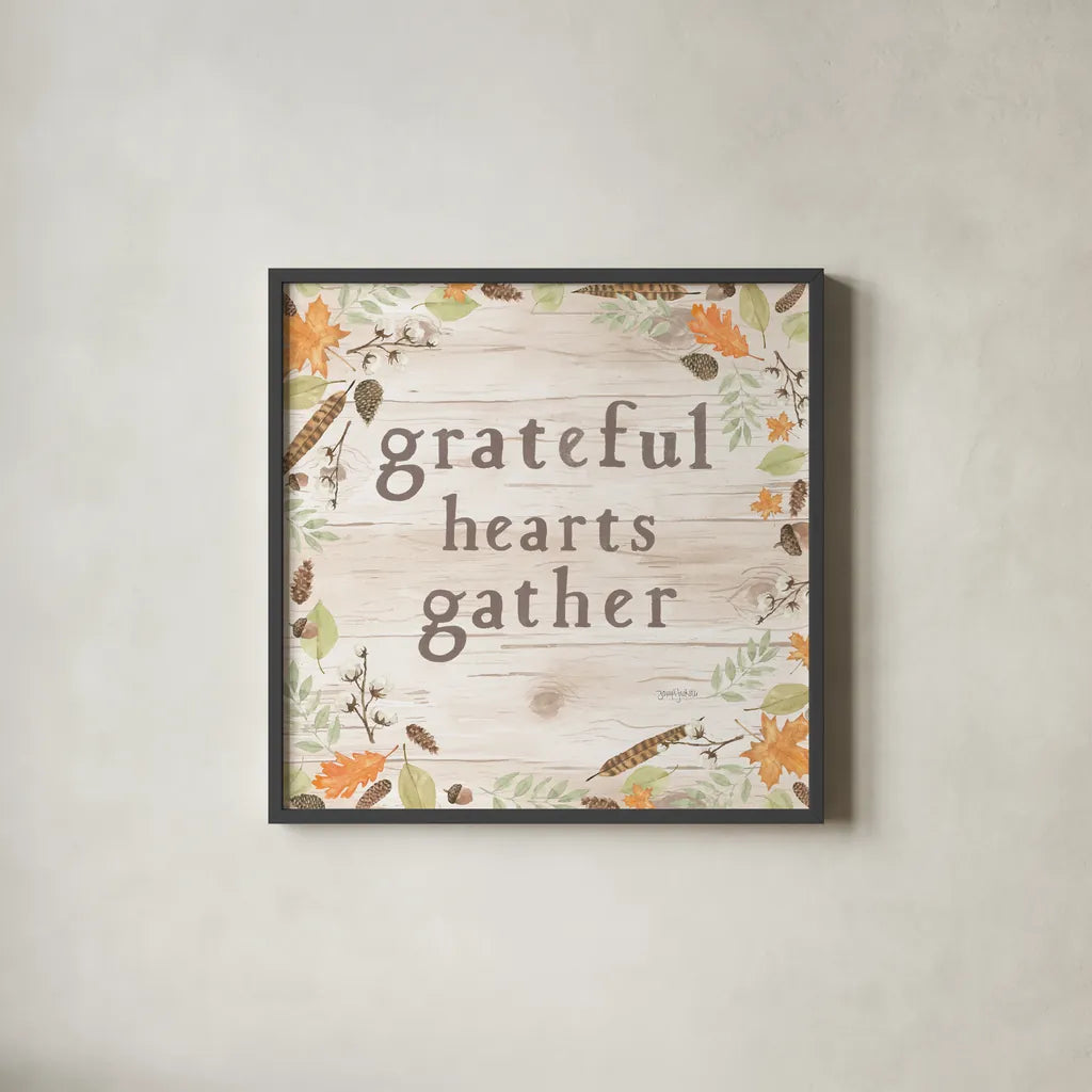 Autumn Offerings I Light Grateful by Jenaya Jackson. Shown in a sleek black glass frame for a contemporary gallery look. Available as an archival giclee rolled canvas, fine art paper, or poster print. SKU 44934a.