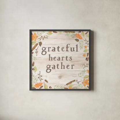 Autumn Offerings I Light Grateful by Jenaya Jackson. Shown in a sleek black glass frame for a contemporary gallery look. Available as an archival giclee rolled canvas, fine art paper, or poster print. SKU 44934a.
