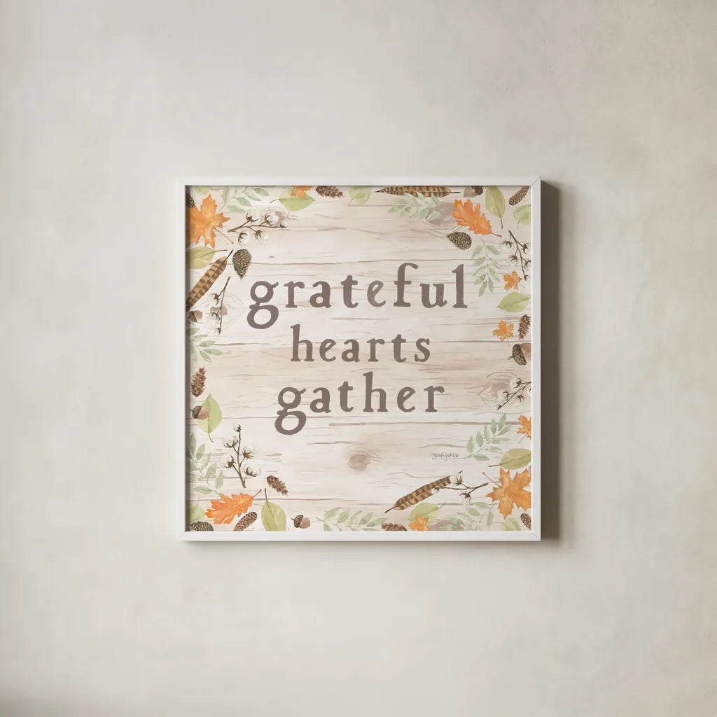 Autumn Offerings I Light Grateful by Jenaya Jackson. Shown in a crisp white glass frame for a clean and minimalist style. Available as an archival giclee rolled canvas, fine art paper, or poster print. SKU 44934a.