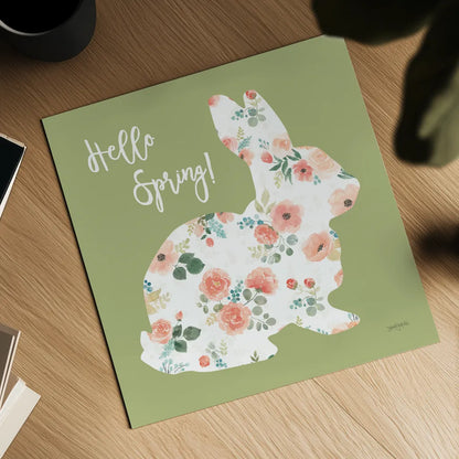 Blooming Delight Bunny II Spring by Jenaya Jackson. Shown as a detailed flat fine art print, highlighting archival giclee quality. Available as an archival giclee rolled canvas, fine art paper, or poster print. SKU 89674a.