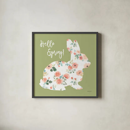 Blooming Delight Bunny II Spring by Jenaya Jackson. Shown in a sleek black glass frame for a contemporary gallery look. Available as an archival giclee rolled canvas, fine art paper, or poster print. SKU 89674a.