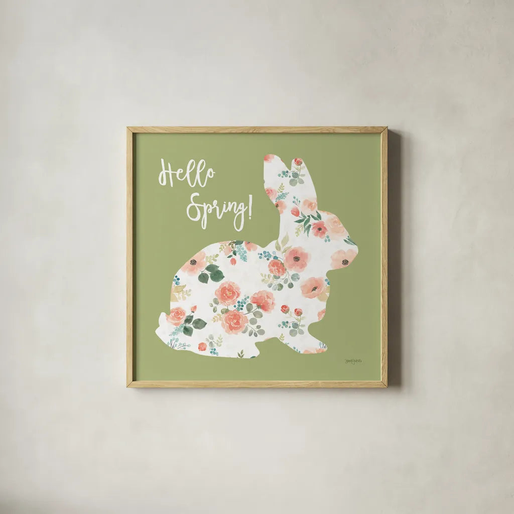 Blooming Delight Bunny II Spring by Jenaya Jackson. Shown in a natural wood glass frame for a timeless modern aesthetic. Available as an archival giclee rolled canvas, fine art paper, or poster print. SKU 89674a.