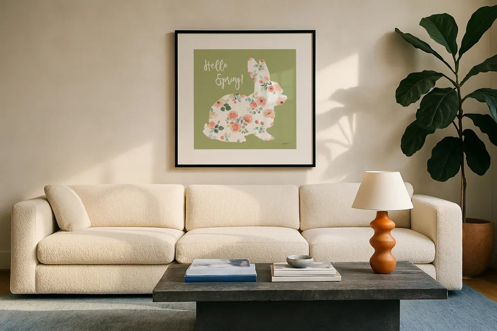 Blooming Delight Bunny II Spring by Jenaya Jackson. Displayed in a glass frame with matte in a clean modern living room. Available as an archival giclee rolled canvas, fine art paper, or poster print. SKU 89674a.
