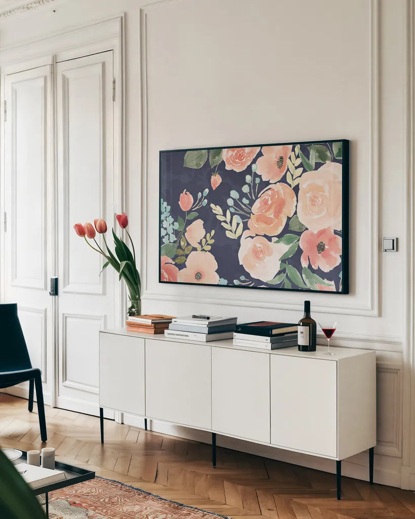 Blooming Delight III Blue by Jenaya Jackson. shown as a framed stretched canvas in a living room above a console. Available as a archival giclee rolled canvas, fine art paper, or poster print. SKU 47621i.