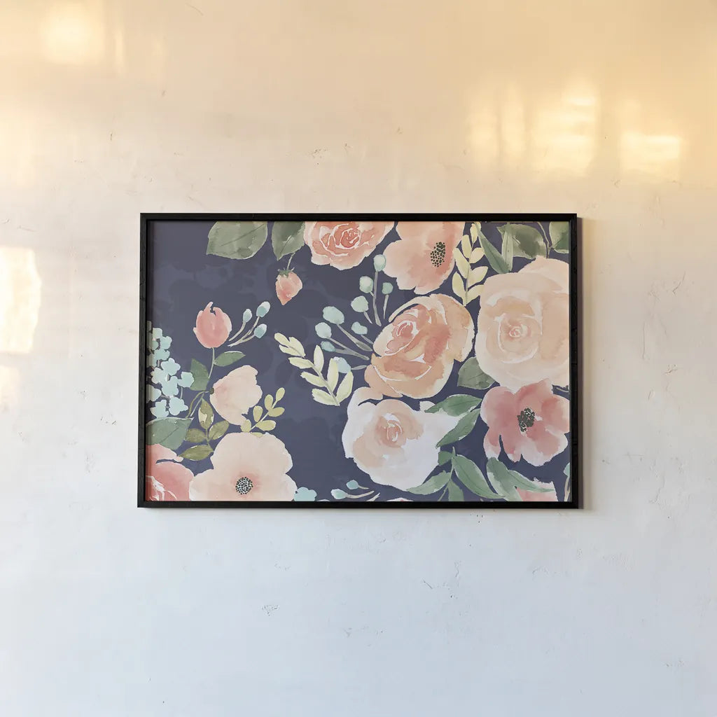 Blooming Delight III Blue by Jenaya Jackson. shown as a paper print in a black flame. Available as a archival giclee rolled canvas, fine art paper, or poster print. SKU 47621i.