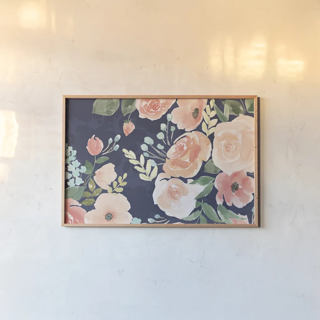Blooming Delight III Blue by Jenaya Jackson. shown as a paper print in a natural frame. Available as a archival giclee rolled canvas, fine art paper, or poster print. SKU 47621i.