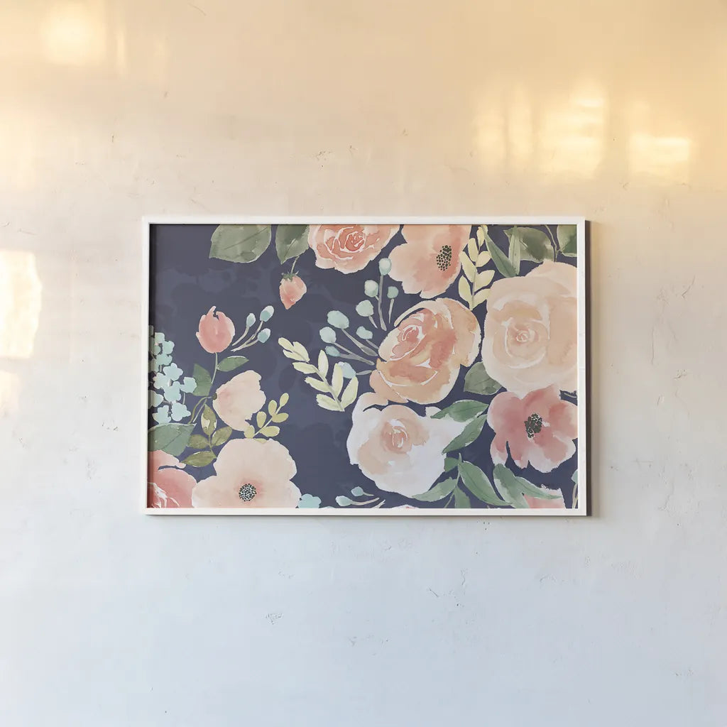Blooming Delight III Blue by Jenaya Jackson. shown as a paper print in a white frame. Available as a archival giclee rolled canvas, fine art paper, or poster print. SKU 47621i.