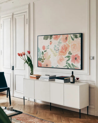 Blooming Delight III White by Jenaya Jackson. shown as a framed stretched canvas in a living room above a console. Available as a archival giclee rolled canvas, fine art paper, or poster print. SKU 47628i.