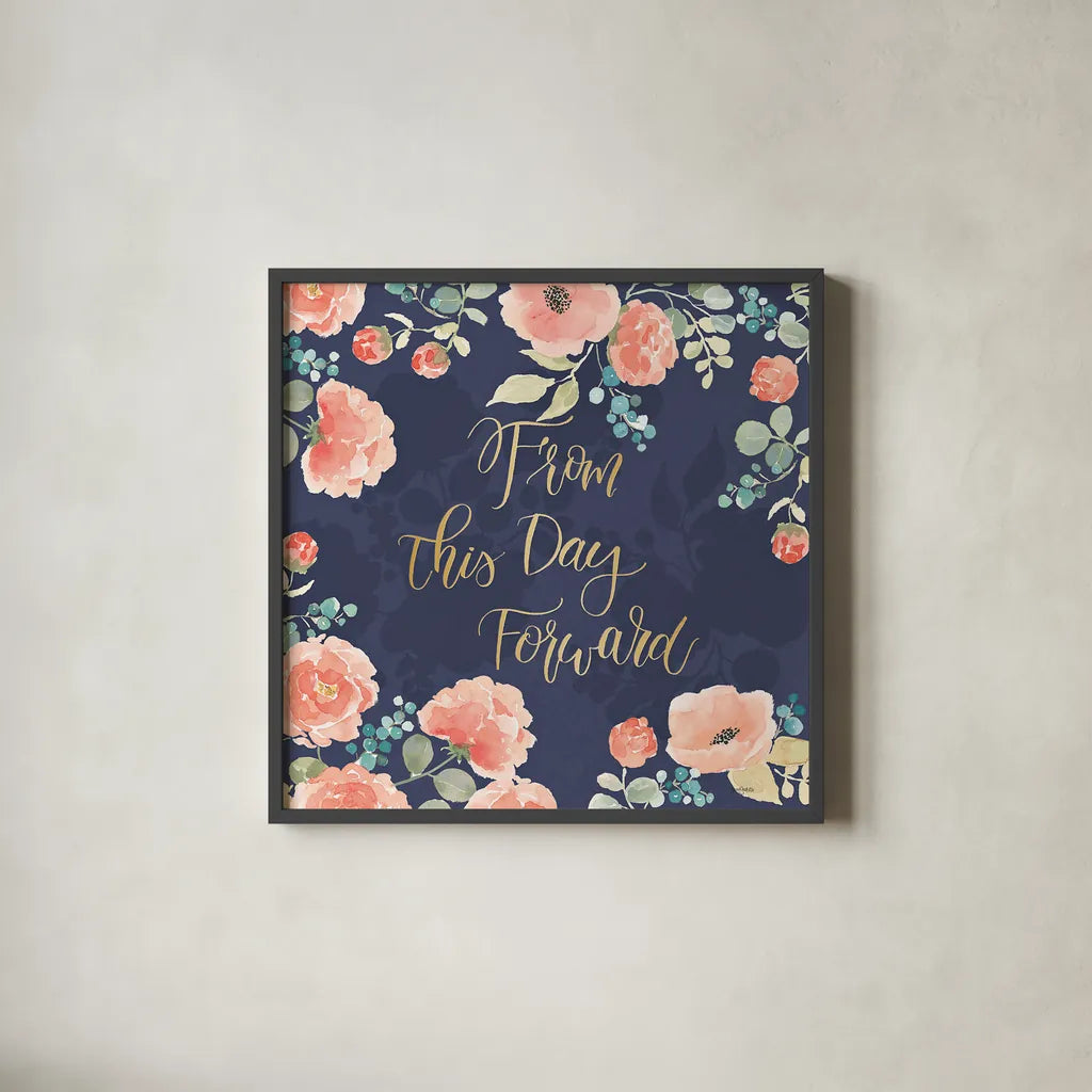 Blooming Delight IV Blue by Jenaya Jackson. Shown in a sleek black glass frame for a contemporary gallery look. Available as an archival giclee rolled canvas, fine art paper, or poster print. SKU 47622a.