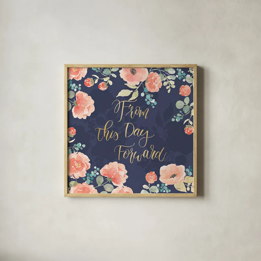 Blooming Delight IV Blue by Jenaya Jackson. Shown in a natural wood glass frame for a timeless modern aesthetic. Available as an archival giclee rolled canvas, fine art paper, or poster print. SKU 47622a.