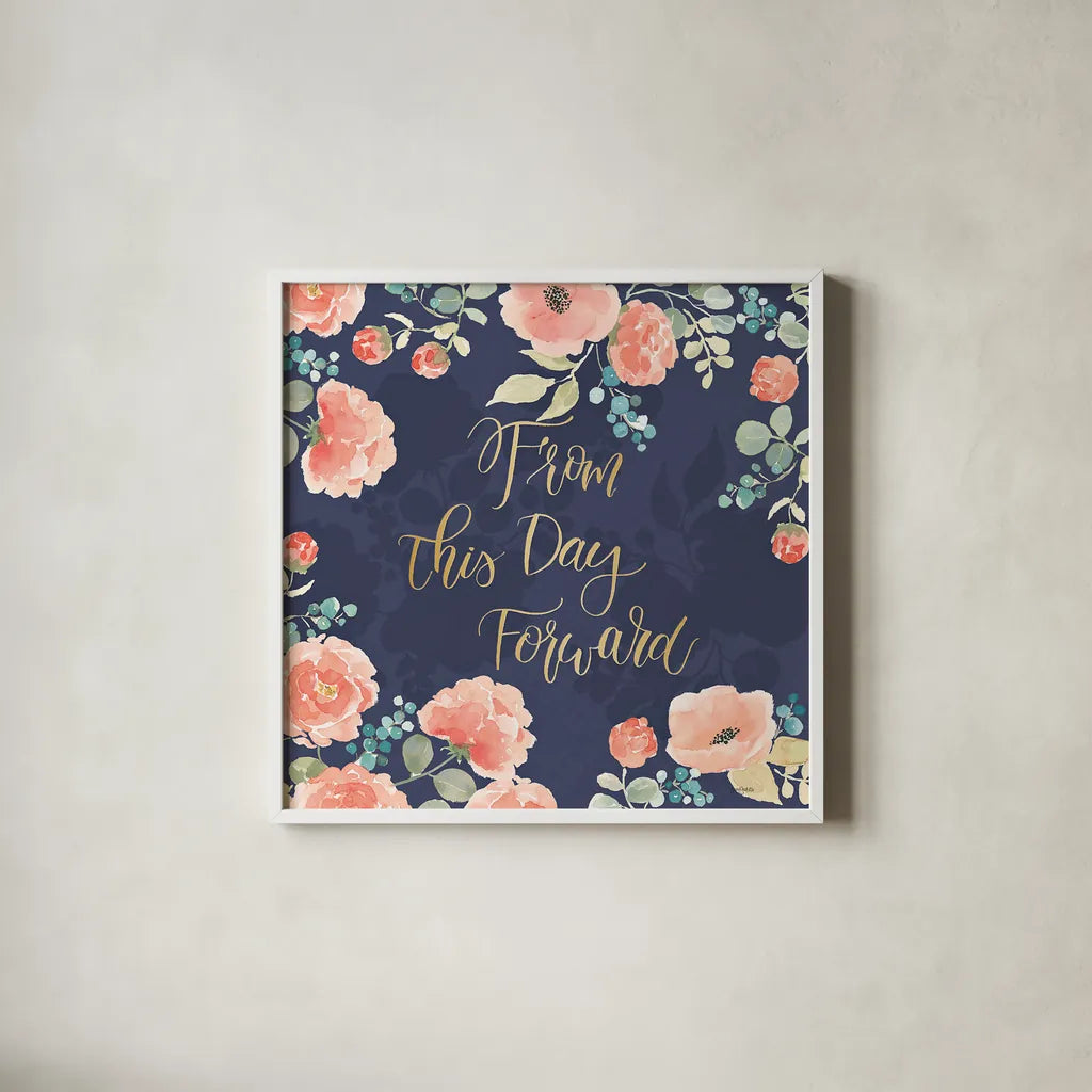 Blooming Delight IV Blue by Jenaya Jackson. Shown in a crisp white glass frame for a clean and minimalist style. Available as an archival giclee rolled canvas, fine art paper, or poster print. SKU 47622a.