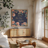 Blooming Delight IV Blue by Jenaya Jackson. Shown in a natural wood frame in a cozy modern living room. Available as an archival giclee rolled canvas, fine art paper, or poster print. SKU 47622a.
