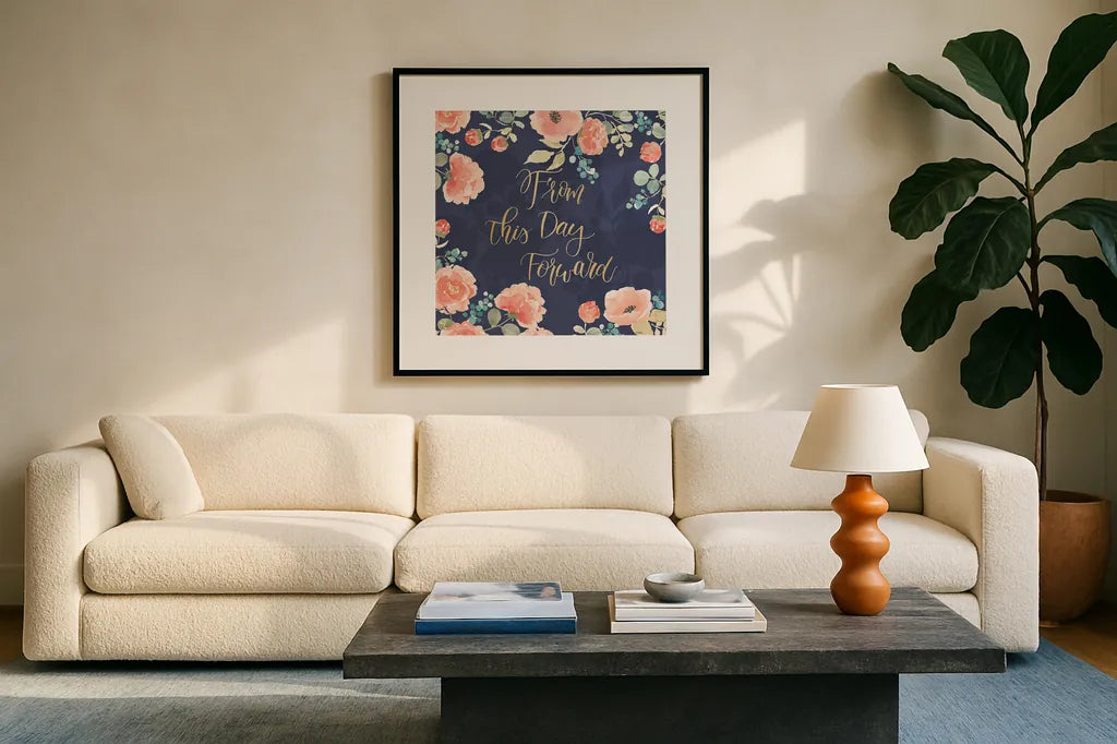 Blooming Delight IV Blue by Jenaya Jackson. Displayed in a glass frame with matte in a clean modern living room. Available as an archival giclee rolled canvas, fine art paper, or poster print. SKU 47622a.