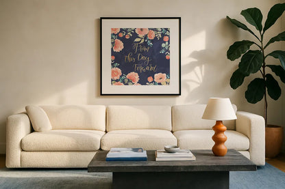 Blooming Delight IV Blue by Jenaya Jackson. Displayed in a glass frame with matte in a clean modern living room. Available as an archival giclee rolled canvas, fine art paper, or poster print. SKU 47622a.