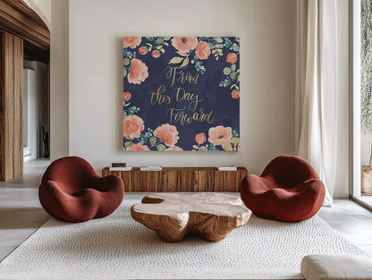 Blooming Delight IV Blue by Jenaya Jackson. Shown as extra-large giant wall art in a modern living room. Available as an archival giclee rolled canvas, fine art paper, or poster print. SKU 47622a.