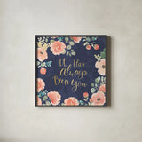 Blooming Delight V Blue by Jenaya Jackson. Shown in a sleek black glass frame for a contemporary gallery look. Available as an archival giclee rolled canvas, fine art paper, or poster print. SKU 47623a.