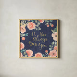 Blooming Delight V Blue by Jenaya Jackson. Shown in a natural wood glass frame for a timeless modern aesthetic. Available as an archival giclee rolled canvas, fine art paper, or poster print. SKU 47623a.