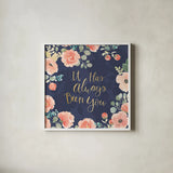 Blooming Delight V Blue by Jenaya Jackson. Shown in a crisp white glass frame for a clean and minimalist style. Available as an archival giclee rolled canvas, fine art paper, or poster print. SKU 47623a.
