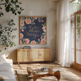Blooming Delight V Blue by Jenaya Jackson. Shown in a natural wood frame in a cozy modern living room. Available as an archival giclee rolled canvas, fine art paper, or poster print. SKU 47623a.