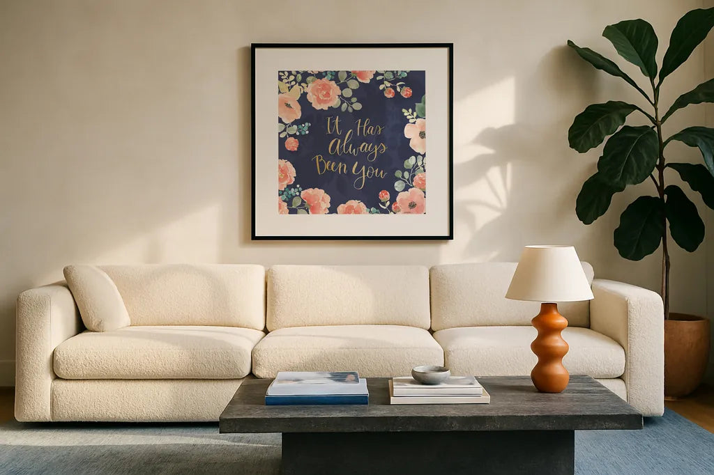 Blooming Delight V Blue by Jenaya Jackson. Displayed in a glass frame with matte in a clean modern living room. Available as an archival giclee rolled canvas, fine art paper, or poster print. SKU 47623a.