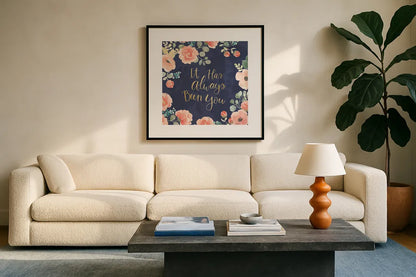 Blooming Delight V Blue by Jenaya Jackson. Displayed in a glass frame with matte in a clean modern living room. Available as an archival giclee rolled canvas, fine art paper, or poster print. SKU 47623a.