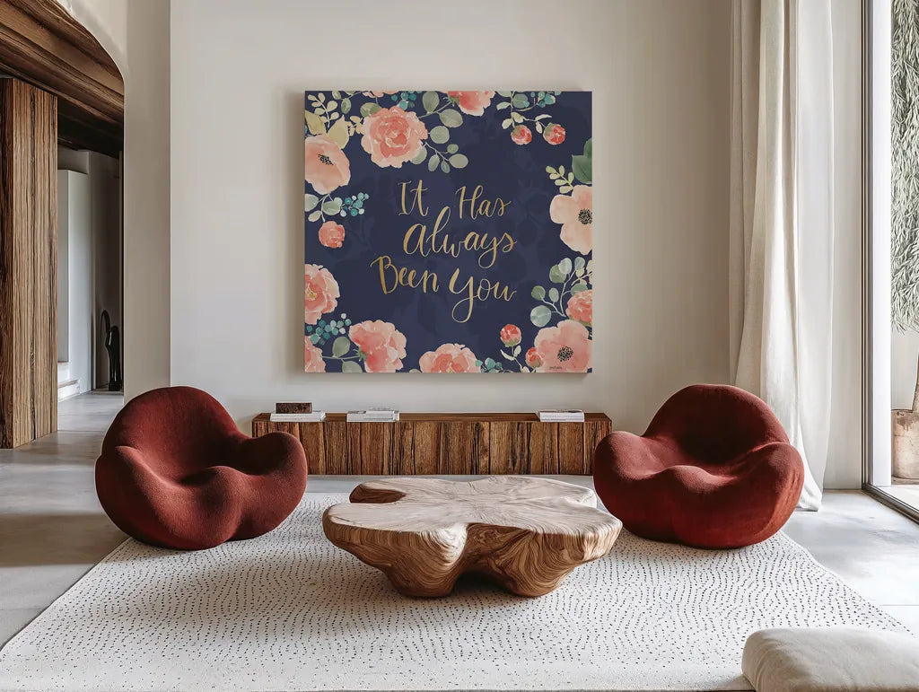 Blooming Delight V Blue by Jenaya Jackson. Shown as extra-large giant wall art in a modern living room. Available as an archival giclee rolled canvas, fine art paper, or poster print. SKU 47623a.