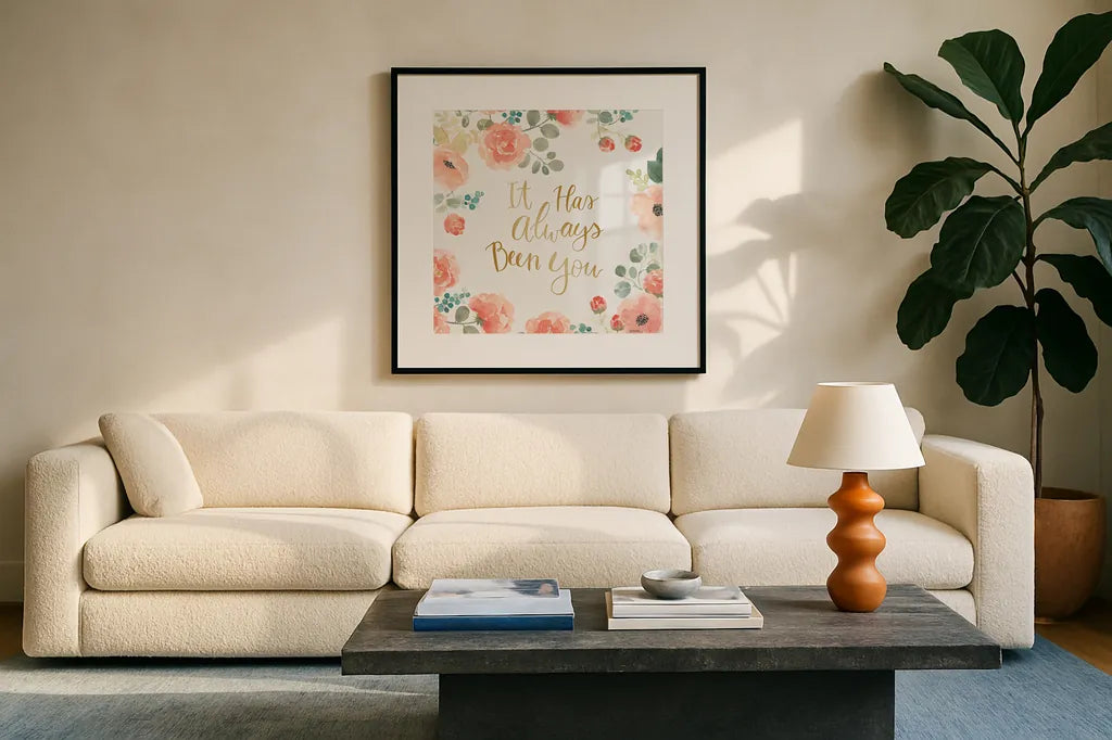 Blooming Delight V White by Jenaya Jackson. Displayed in a glass frame with matte in a clean modern living room. Available as an archival giclee rolled canvas, fine art paper, or poster print. SKU 47630a.