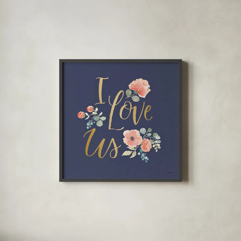 Blooming Delight VI Blue by Jenaya Jackson. Shown in a sleek black glass frame for a contemporary gallery look. Available as an archival giclee rolled canvas, fine art paper, or poster print. SKU 47624a.