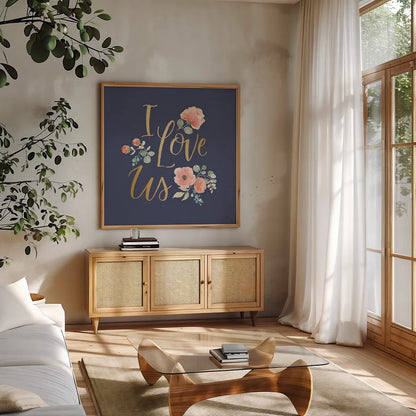Blooming Delight VI Blue by Jenaya Jackson. Shown in a natural wood frame in a cozy modern living room. Available as an archival giclee rolled canvas, fine art paper, or poster print. SKU 47624a.