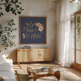 Blooming Delight VII Blue by Jenaya Jackson. Shown in a natural wood frame in a cozy modern living room. Available as an archival giclee rolled canvas, fine art paper, or poster print. SKU 47625a.