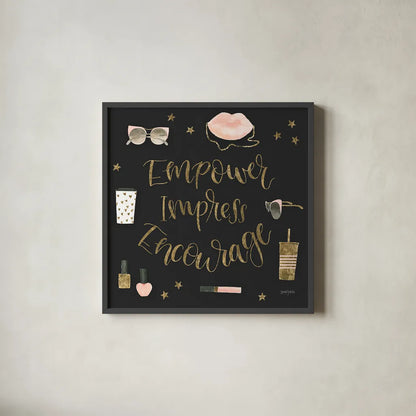 Boss Ladies V Black by Jenaya Jackson. Shown in a sleek black glass frame for a contemporary gallery look. Available as an archival giclee rolled canvas, fine art paper, or poster print. SKU 42766a.