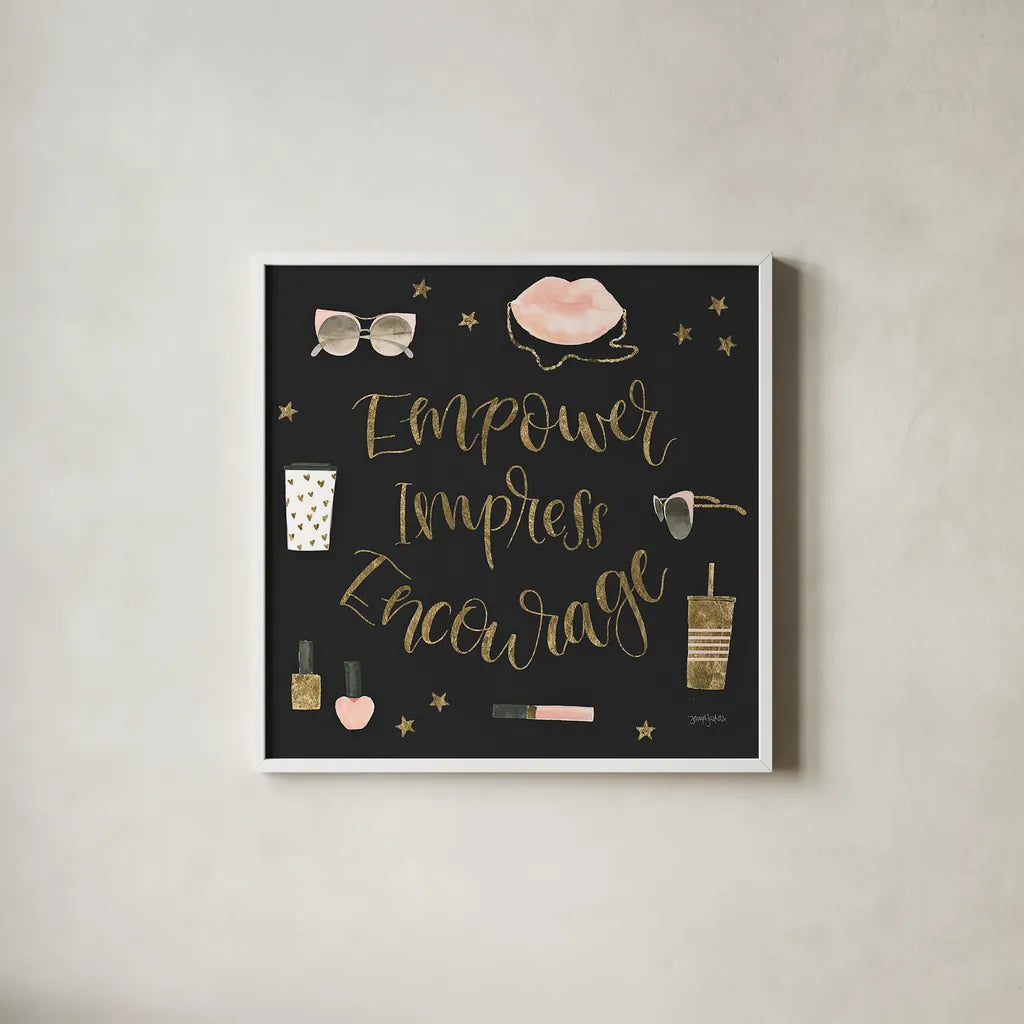 Boss Ladies V Black by Jenaya Jackson. Shown in a crisp white glass frame for a clean and minimalist style. Available as an archival giclee rolled canvas, fine art paper, or poster print. SKU 42766a.