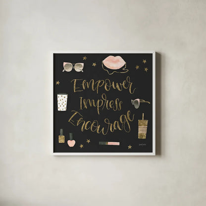 Boss Ladies V Black by Jenaya Jackson. Shown in a crisp white glass frame for a clean and minimalist style. Available as an archival giclee rolled canvas, fine art paper, or poster print. SKU 42766a.