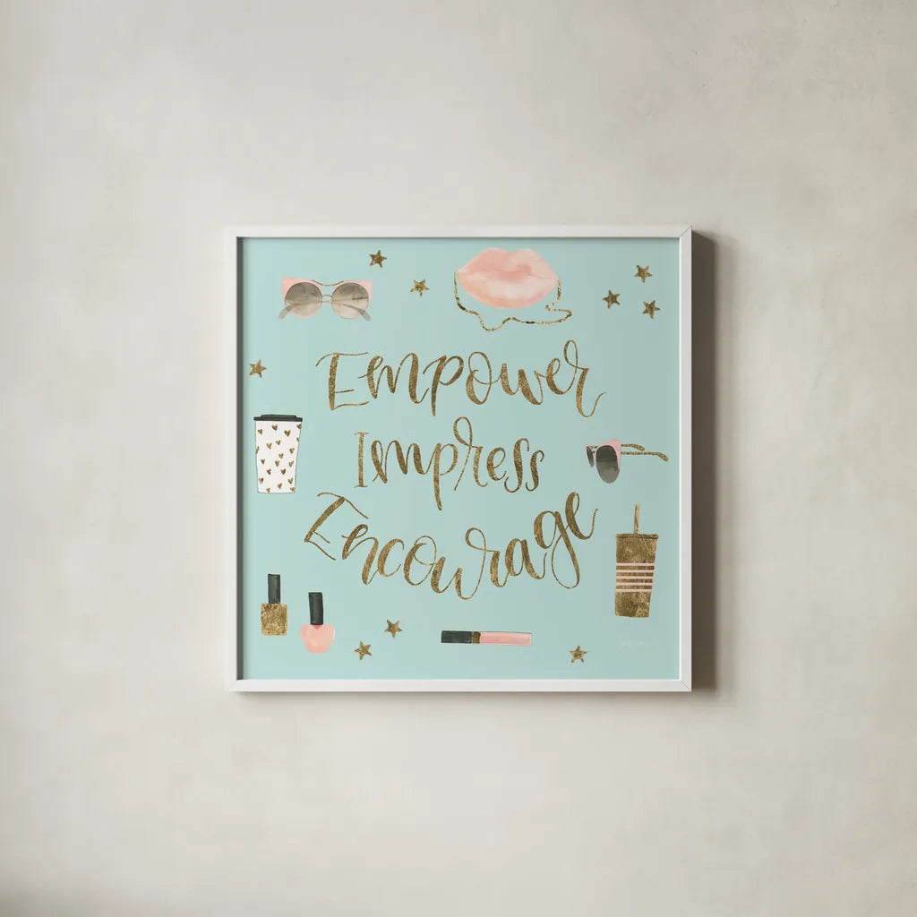 Boss Ladies V Mint by Jenaya Jackson. Shown in a crisp white glass frame for a clean and minimalist style. Available as an archival giclee rolled canvas, fine art paper, or poster print. SKU 42898a.