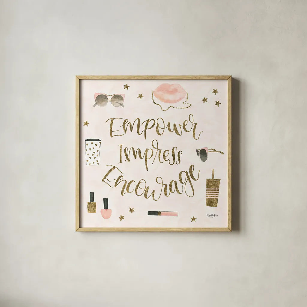 Boss Ladies V Pink by Jenaya Jackson. Shown in a natural wood glass frame for a timeless modern aesthetic. Available as an archival giclee rolled canvas, fine art paper, or poster print. SKU 42760a.