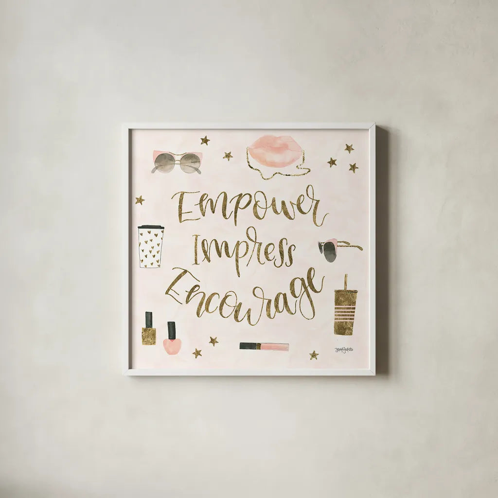 Boss Ladies V Pink by Jenaya Jackson. Shown in a crisp white glass frame for a clean and minimalist style. Available as an archival giclee rolled canvas, fine art paper, or poster print. SKU 42760a.