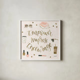 Boss Ladies V Pink by Jenaya Jackson. Shown in a crisp white glass frame for a clean and minimalist style. Available as an archival giclee rolled canvas, fine art paper, or poster print. SKU 42760a.