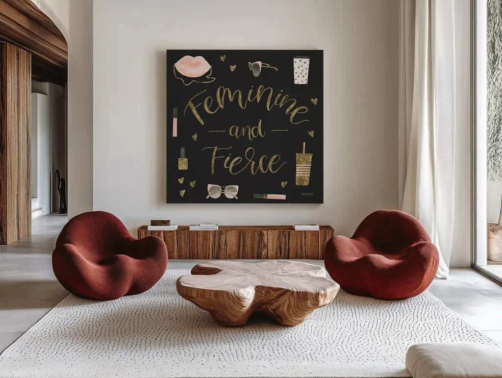 Boss Ladies VI Black by Jenaya Jackson. Shown as extra-large giant wall art in a modern living room. Available as an archival giclee rolled canvas, fine art paper, or poster print. SKU 42767a.