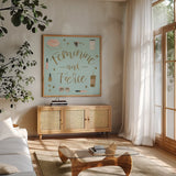 Boss Ladies VI Mint by Jenaya Jackson. Shown in a natural wood frame in a cozy modern living room. Available as an archival giclee rolled canvas, fine art paper, or poster print. SKU 42899a.