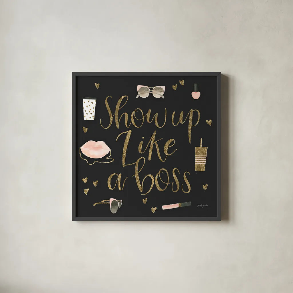 Boss Ladies VII Black by Jenaya Jackson. Shown in a sleek black glass frame for a contemporary gallery look. Available as an archival giclee rolled canvas, fine art paper, or poster print. SKU 42768a.