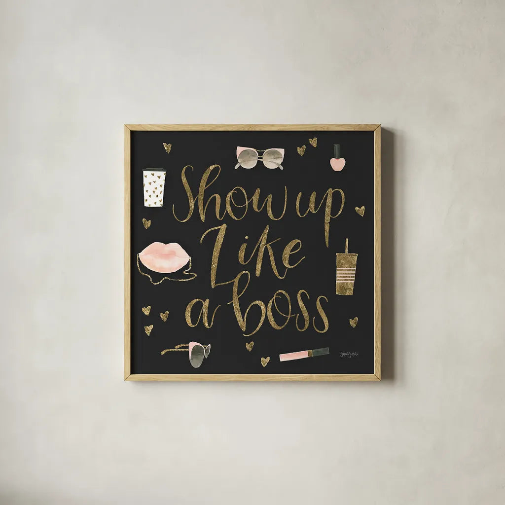 Boss Ladies VII Black by Jenaya Jackson. Shown in a natural wood glass frame for a timeless modern aesthetic. Available as an archival giclee rolled canvas, fine art paper, or poster print. SKU 42768a.