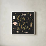 Boss Ladies VII Black by Jenaya Jackson. Shown in a crisp white glass frame for a clean and minimalist style. Available as an archival giclee rolled canvas, fine art paper, or poster print. SKU 42768a.