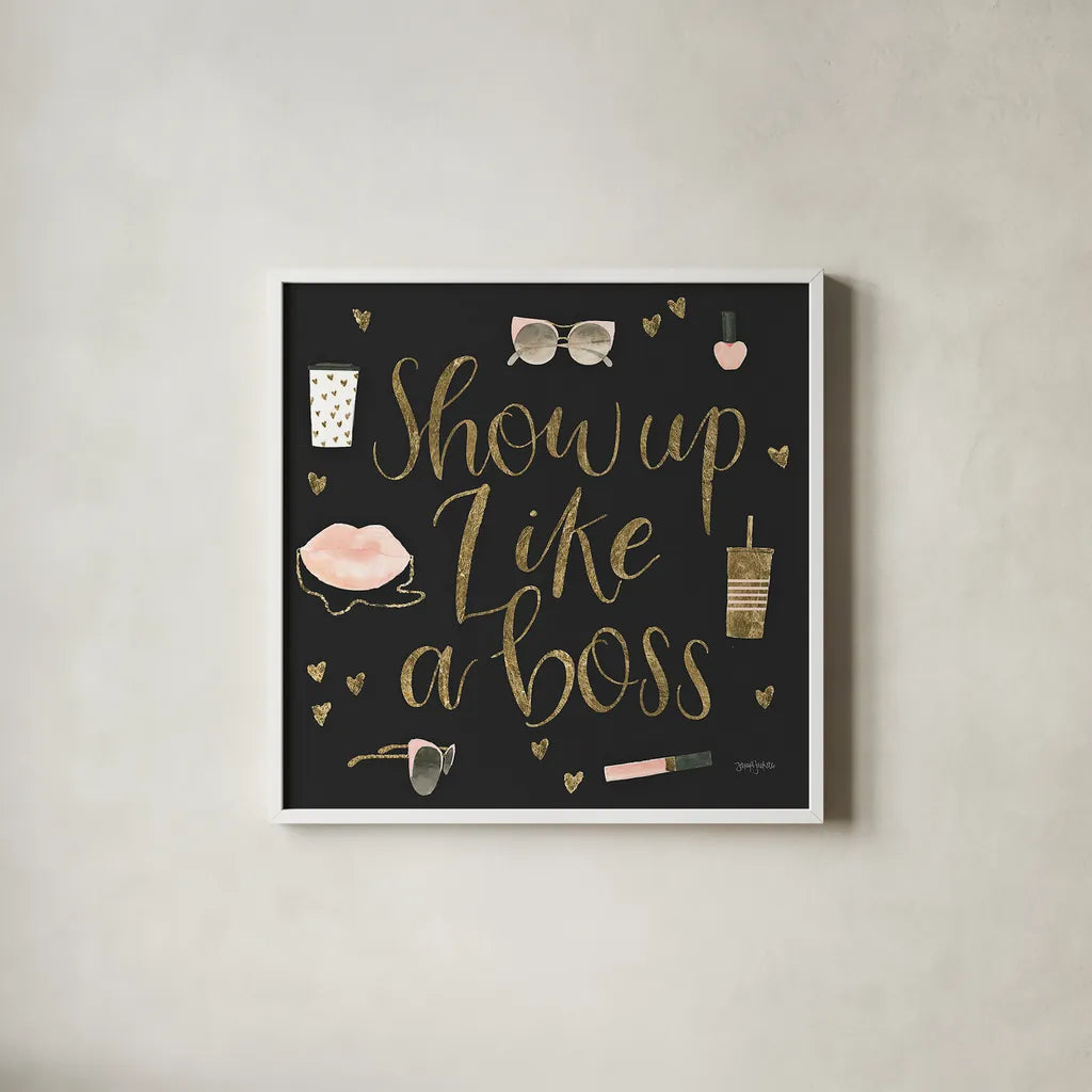 Boss Ladies VII Black by Jenaya Jackson. Shown in a crisp white glass frame for a clean and minimalist style. Available as an archival giclee rolled canvas, fine art paper, or poster print. SKU 42768a.