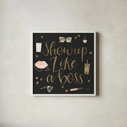 Boss Ladies VII Black by Jenaya Jackson. Shown in a crisp white glass frame for a clean and minimalist style. Available as an archival giclee rolled canvas, fine art paper, or poster print. SKU 42768a.