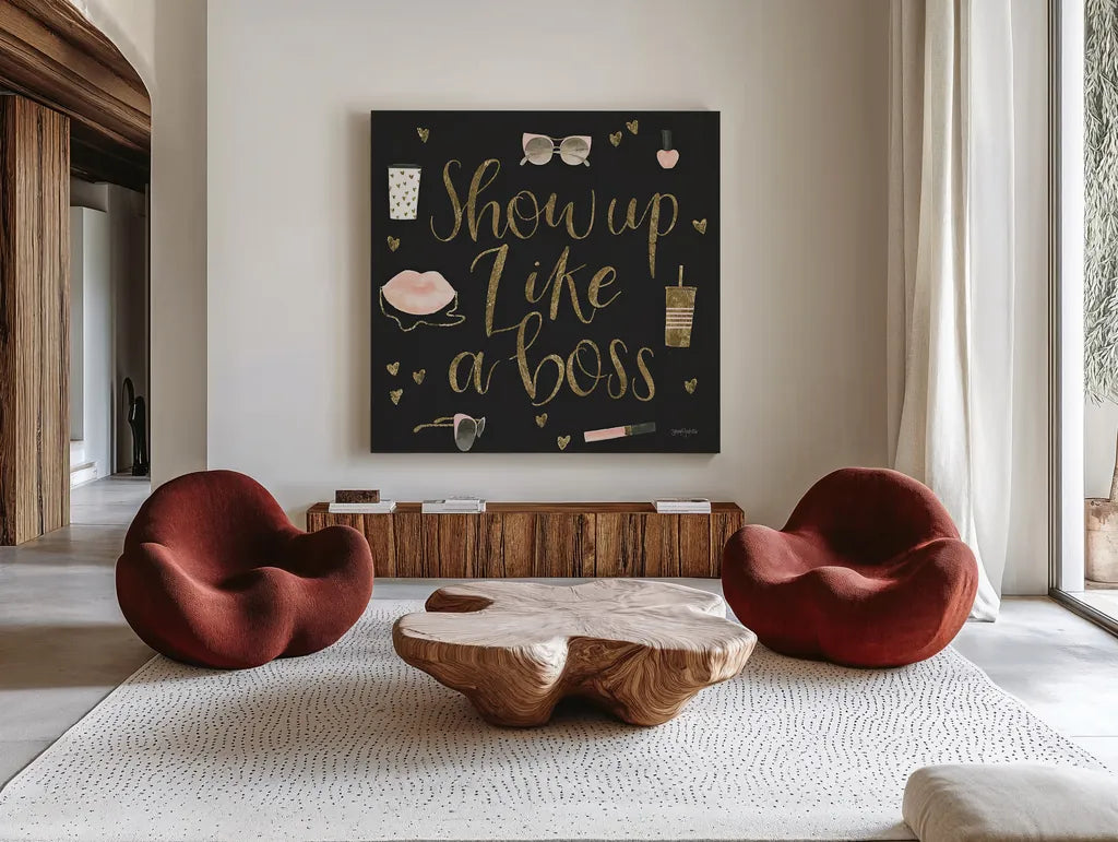 Boss Ladies VII Black by Jenaya Jackson. Shown as extra-large giant wall art in a modern living room. Available as an archival giclee rolled canvas, fine art paper, or poster print. SKU 42768a.