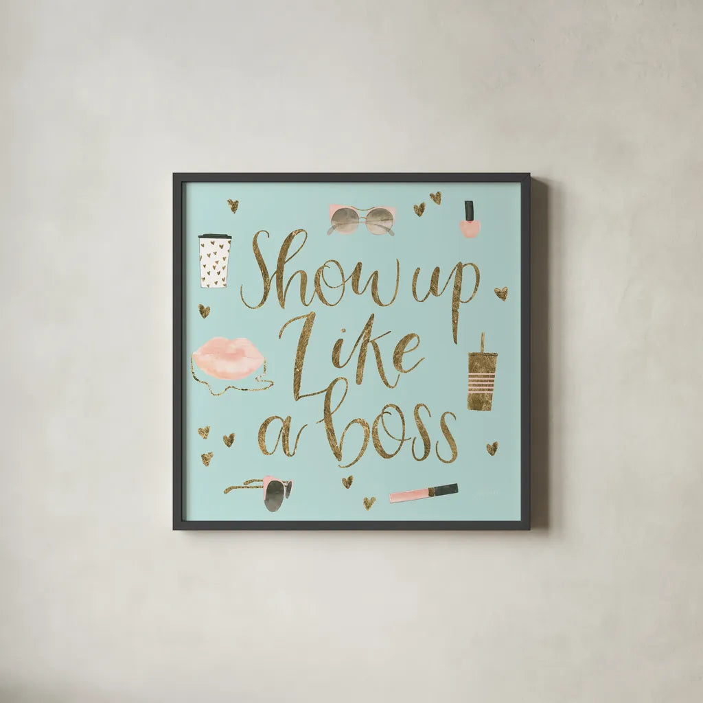 Boss Ladies VII Mint by Jenaya Jackson. Shown in a sleek black glass frame for a contemporary gallery look. Available as an archival giclee rolled canvas, fine art paper, or poster print. SKU 42900a.