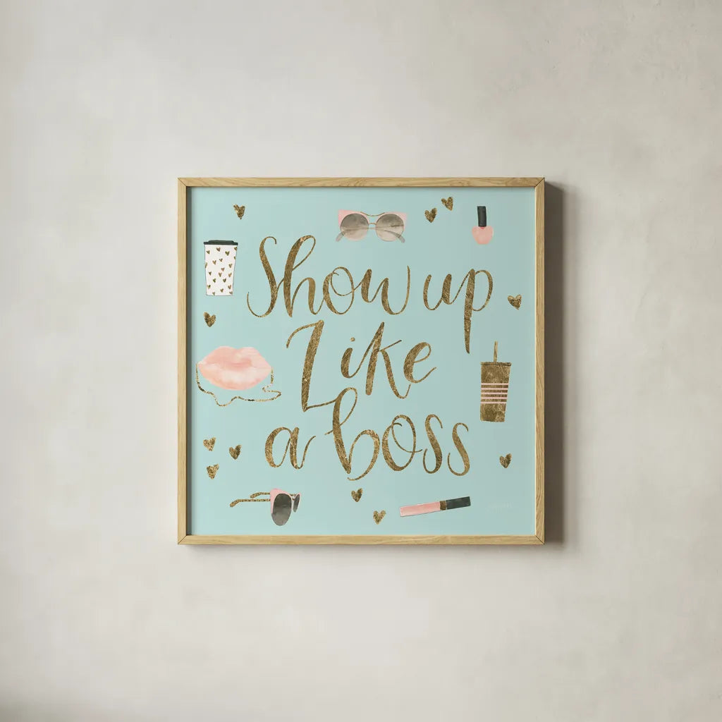 Boss Ladies VII Mint by Jenaya Jackson. Shown in a natural wood glass frame for a timeless modern aesthetic. Available as an archival giclee rolled canvas, fine art paper, or poster print. SKU 42900a.