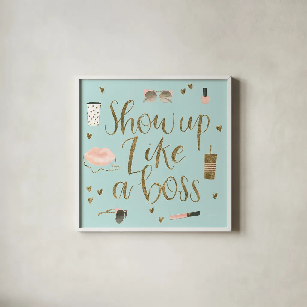 Boss Ladies VII Mint by Jenaya Jackson. Shown in a crisp white glass frame for a clean and minimalist style. Available as an archival giclee rolled canvas, fine art paper, or poster print. SKU 42900a.